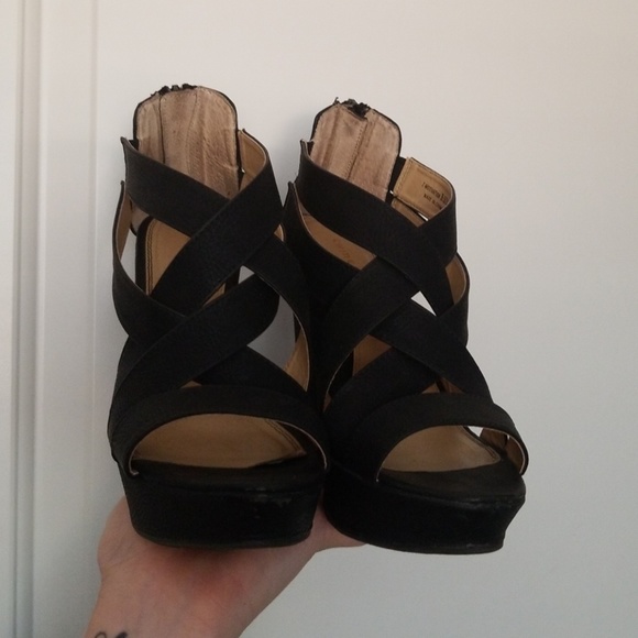 Black Faux Leather Strappy Criss Cross Wedges - Picture 3 of 7